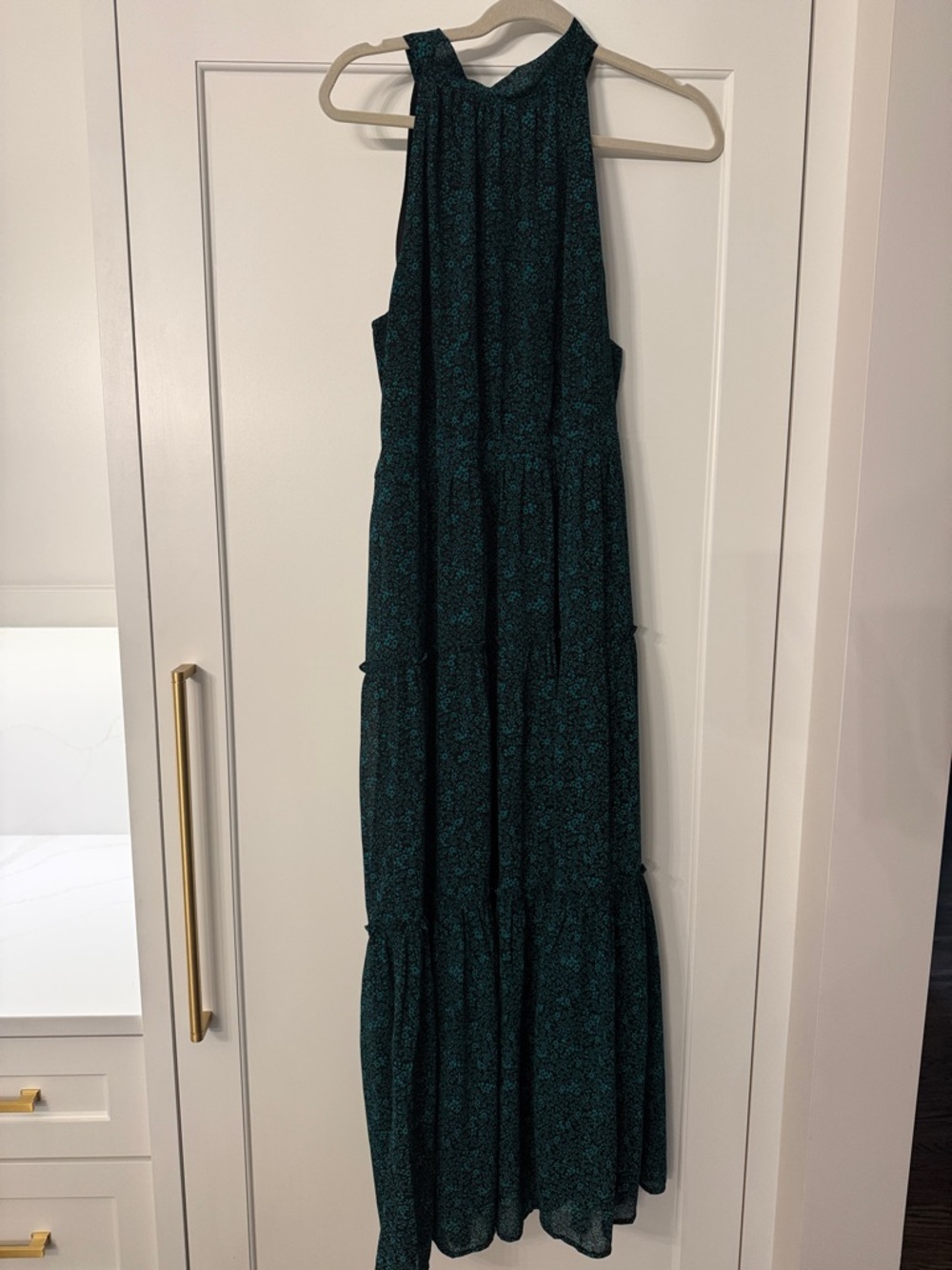 J. Crew Teal and Black Printed Halter Tiered Maxi Dress
